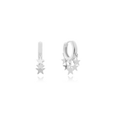 Fine jewellery, silver jewellery, hypoallergenic, tarnish-free, close-up front and left view of a Pair of silver star-shaped earrings on a white background